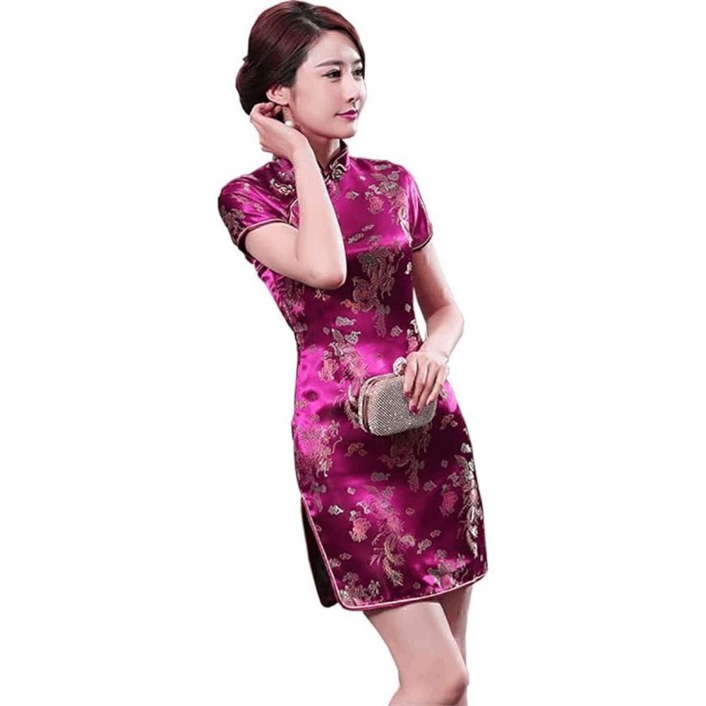 🐉 Mandarin Collar Cheongsam Chinese Dragon Print Side Slits Qipao Dress S NEW